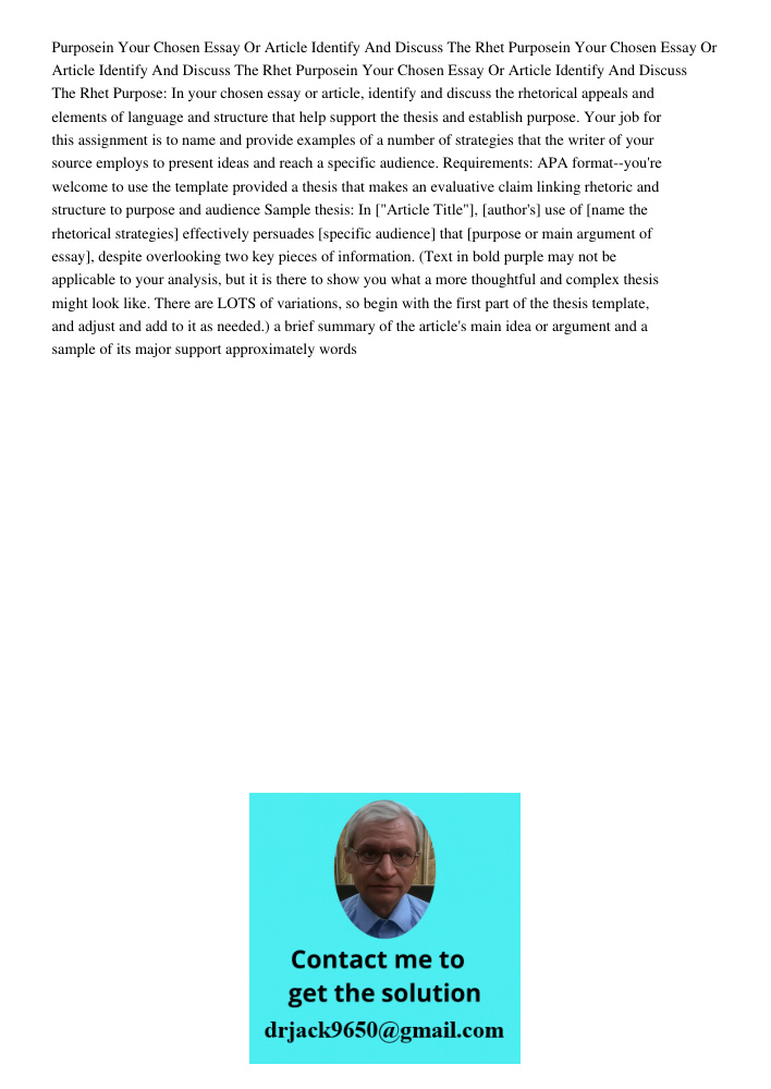 Purposein Your Chosen Essay Or Article Identify And Discuss The Rhet Purpose: In your chosen essay or article, identify and discuss the rhetorical appeals and e