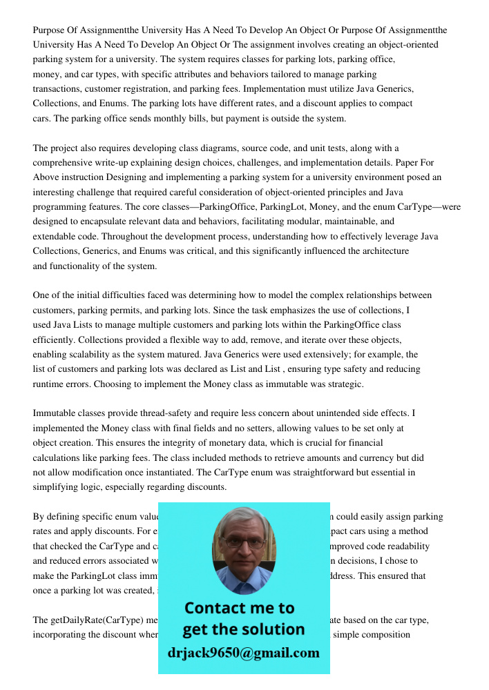 The assignment involves creating an object-oriented parking system for a university. The system requires classes for parking lots, parking office, money, and ca