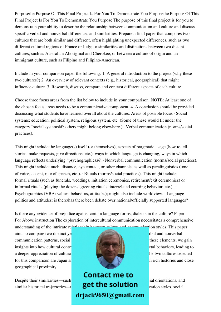 Purpose The purpose of this final project is for you to demonstrate your ability to describe the relationship between communication and culture and discuss spec