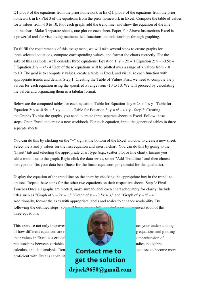 Plot 3 of the equations from the prior homework in Excel. Compute the table of values for x values from -10 to 10. Plot each graph, add the trend line, and show