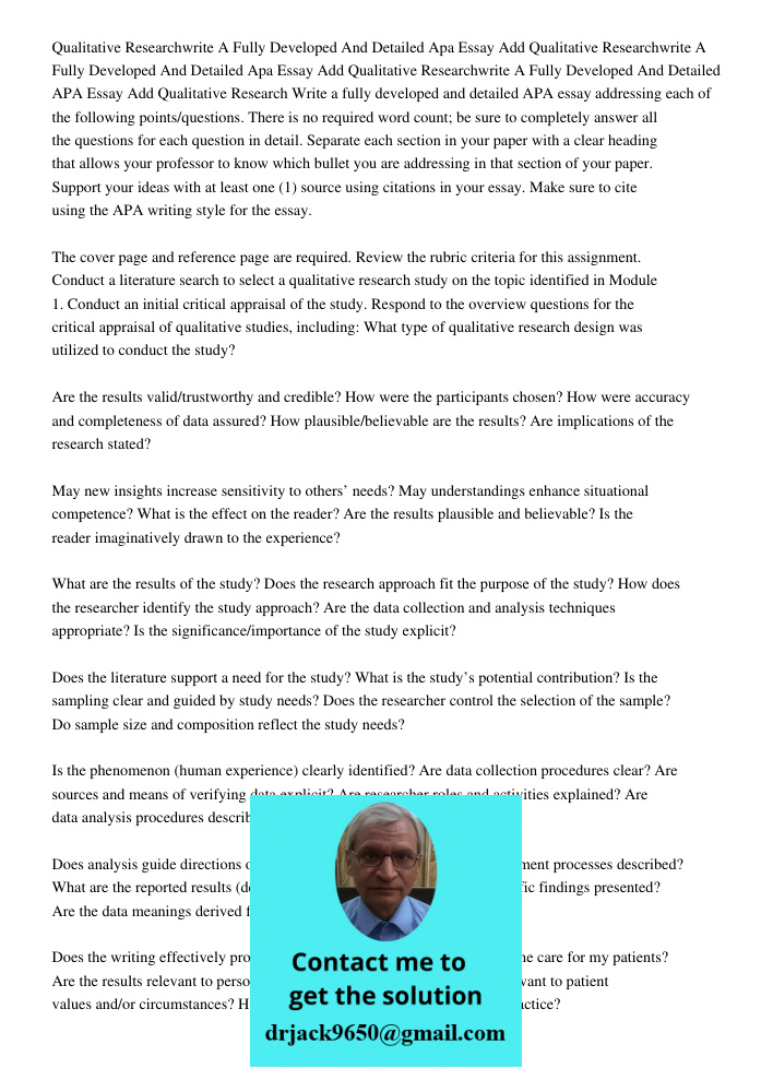 Qualitative Researchwrite A Fully Developed And Detailed APA Essay Add Qualitative Research Write a fully developed and detailed APA essay addressing each of th