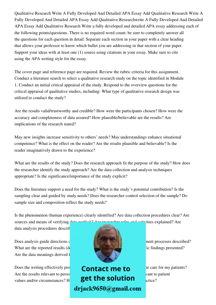 Qualitative Researchwrite A Fully Developed And Detailed APA Essay Add Qualitative Research Write a fully developed and detailed APA essay addressing each of th