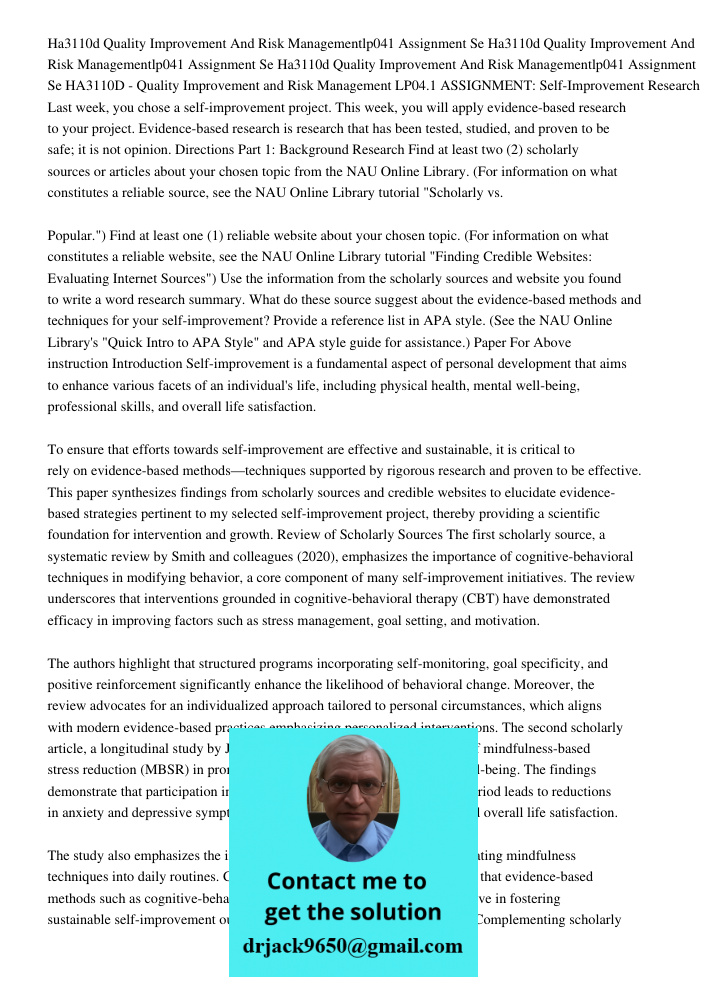 Ha3110d Quality Improvement And Risk Managementlp041 Assignment Se HA3110D - Quality Improvement and Risk Management LP04.1 ASSIGNMENT: Self-Improvement Researc