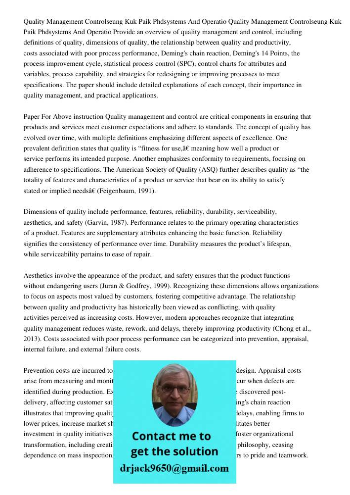 Provide an overview of quality management and control, including definitions of quality, dimensions of quality, the relationship between quality and productivit