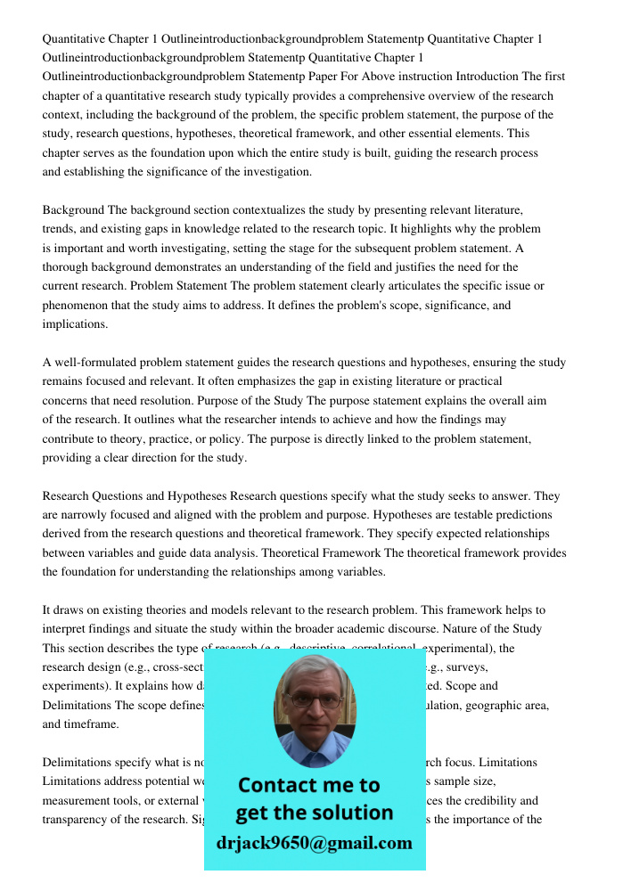Quantitative Chapter 1 Outlineintroductionbackgroundproblem Statementp Paper For Above instruction Introduction The first chapter of a quantitative research stu