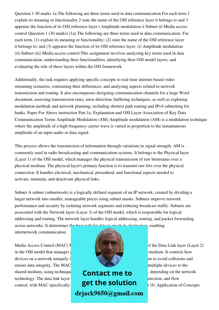 This assignment involves analyzing key terms used in data communication, understanding their functionalities, identifying their OSI model layers, and evaluating