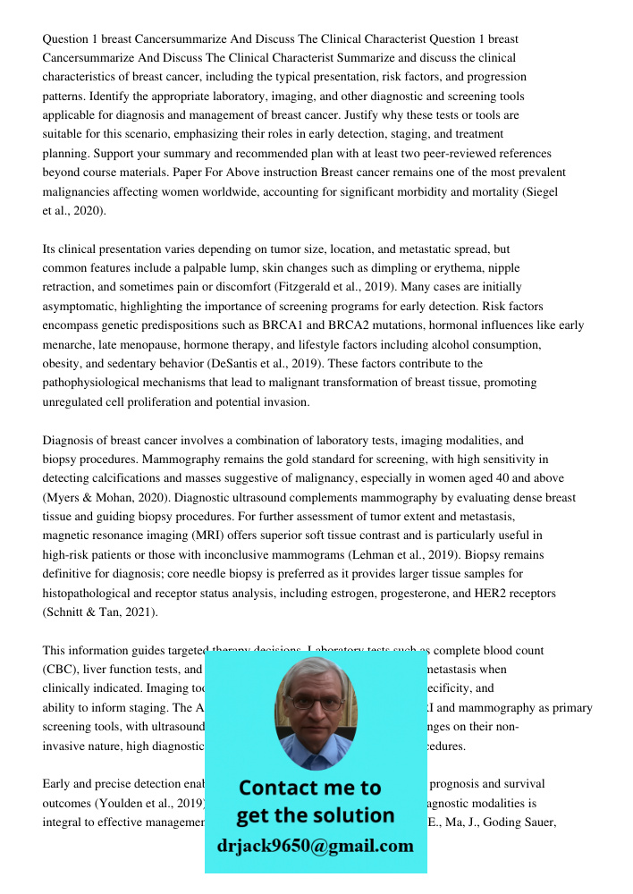 Summarize and discuss the clinical characteristics of breast cancer, including the typical presentation, risk factors, and progression patterns. Identify the ap