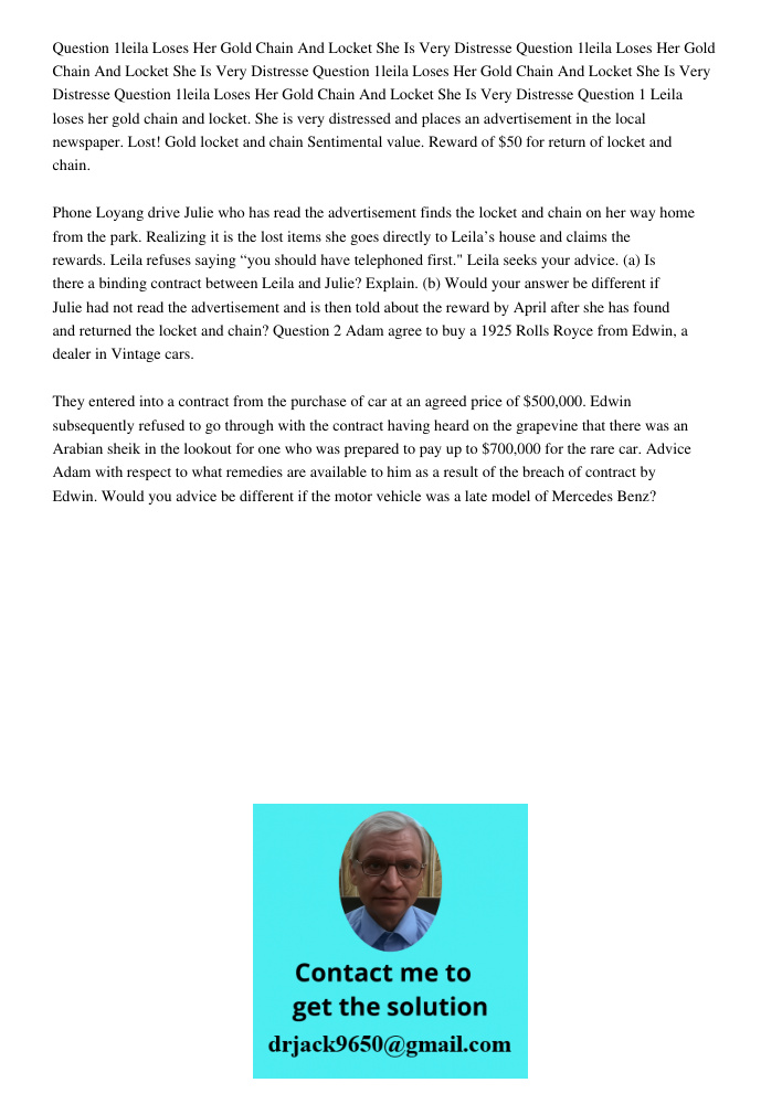 Question 1leila Loses Her Gold Chain And Locket She Is Very Distresse Question 1leila Loses Her Gold Chain And Locket She Is Very Distresse Question 1 Leila los