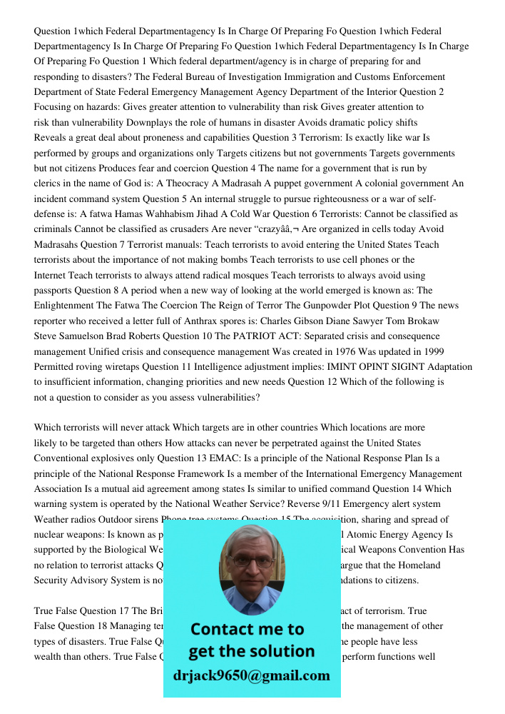 Question 1which Federal Departmentagency Is In Charge Of Preparing Fo Question 1 Which federal department/agency is in charge of preparing for and responding to