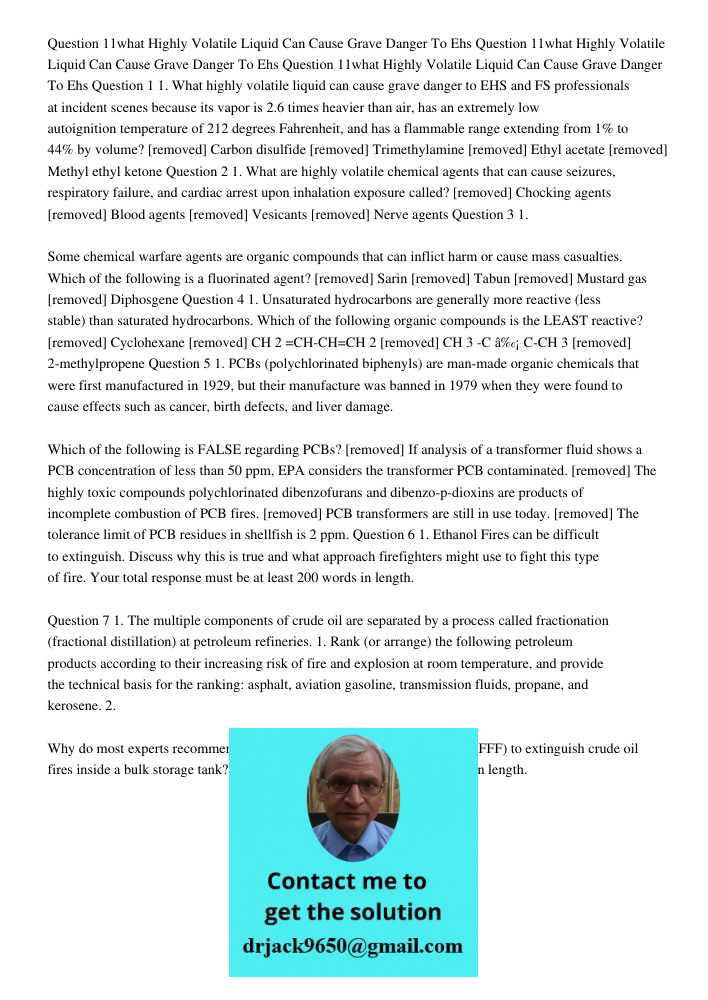 Question 11what Highly Volatile Liquid Can Cause Grave Danger To Ehs Question 1 1. What highly volatile liquid can cause grave danger to EHS and FS professional