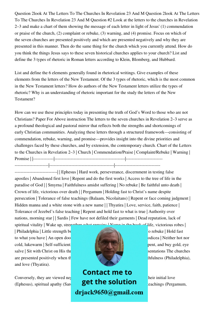 Question #2 Look at the letters to the churches in Revelation 2–3 and make a chart of them showing the message of each letter in light of Jesus' (1) commendatio