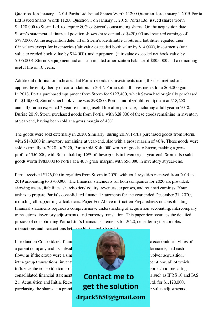 Question 1 on January 1, 2015, Portia Ltd. issued shares worth $1,120,000 to Storm Ltd. to acquire 80% of Storm’s outstanding shares. On the acquisition date, S