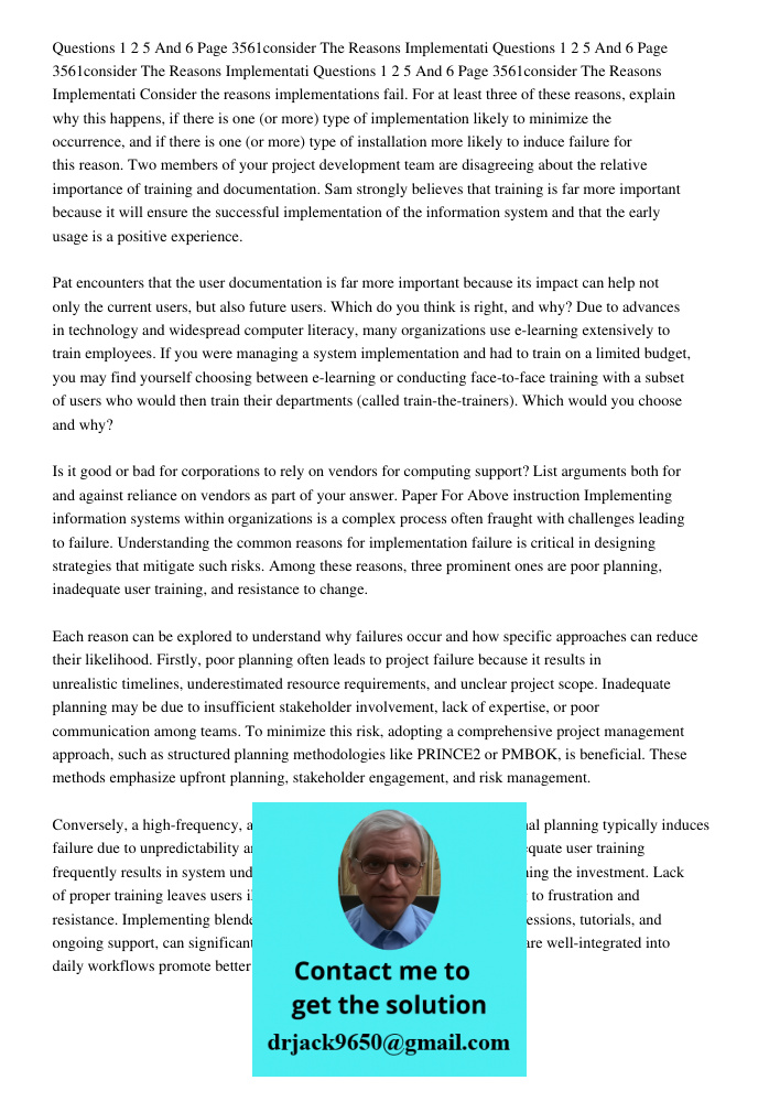 Questions 1 2 5 And 6 Page 3561consider The Reasons Implementati Consider the reasons implementations fail. For at least three of these reasons, explain why thi