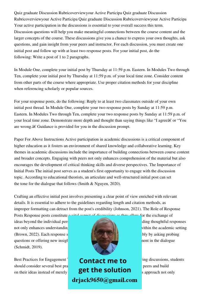 Quiz 01 27 2021graduate Discussion Rubricoverviewyour Active Participa Your active participation in the discussions is essential to your overall success this te