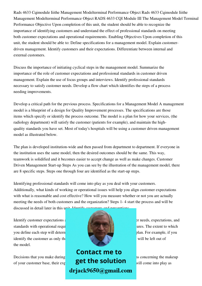 RADS 4633 CQI Module III The Management Model Terminal Performance Objective Upon completion of this unit, the student should be able to recognize the importanc