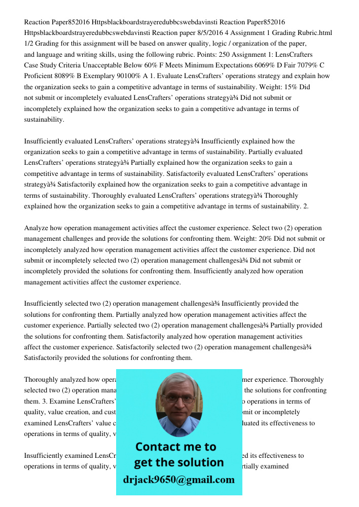 Reaction paper 8/5/2016 4 Assignment 1 Grading Rubric.html 1/2 Grading for this assignment will be based on answer quality, logic / organization of the paper, a