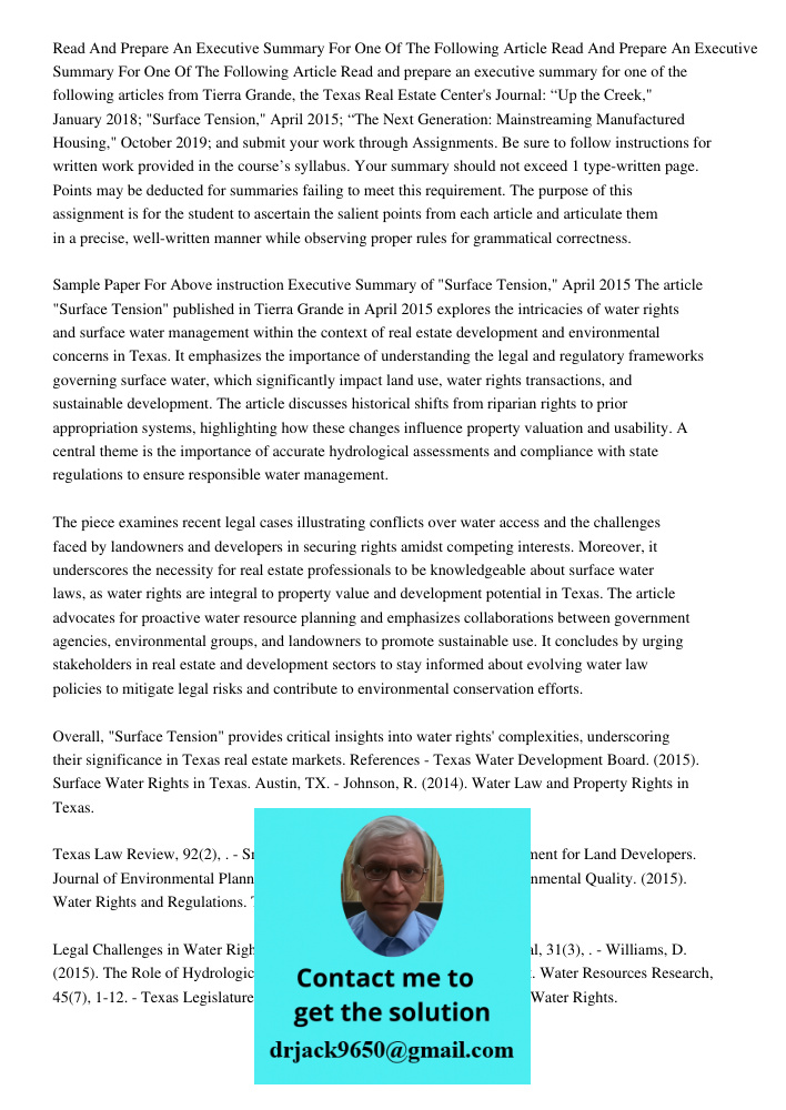 Read and prepare an executive summary for one of the following articles from Tierra Grande, the Texas Real Estate Center's Journal: “Up the Creek," January 2018