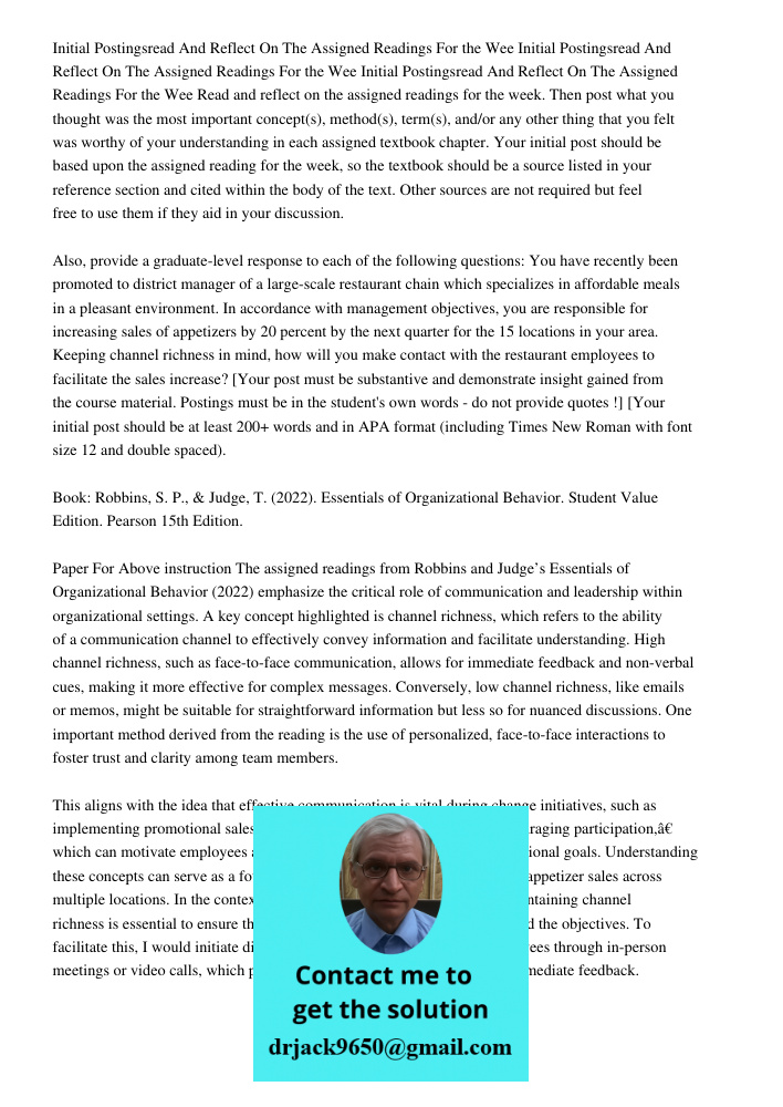 Initial Postingsread And Reflect On The Assigned Readings For the Wee Read and reflect on the assigned readings for the week. Then post what you thought was the