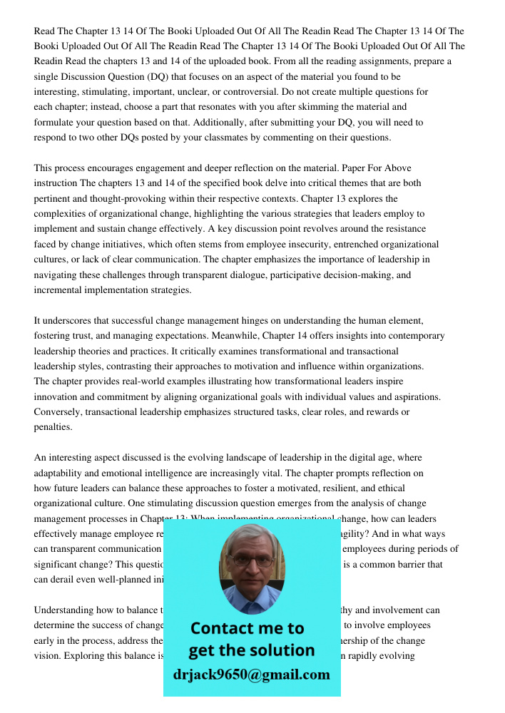 Read The Chapter 13 14 Of The Booki Uploaded Out Of All The Readin Read the chapters 13 and 14 of the uploaded book. From all the reading assignments, prepare a