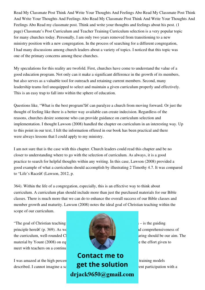 Read My Classmate Post Think And Write Your Thoughts And Feelings Abo Read my classmate post. Think and write your thoughts and feelings about his post. (1 page