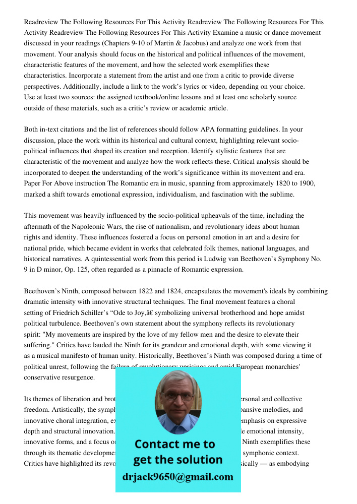 Readreview The Following Resources For This Activity Examine a music or dance movement discussed in your readings (Chapters 9-10 of Martin & Jacobus) and analyz