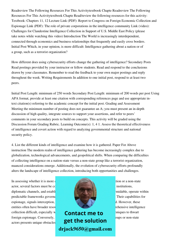 Read/review the following resources for this activity: Textbook: Chapters 11, 12 Lecture Link (PDF): Report to Congress on Foreign Economic Collection and Espio