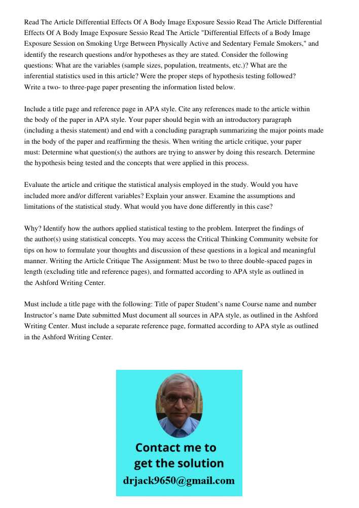 Read The Article "Differential Effects of a Body Image Exposure Session on Smoking Urge Between Physically Active and Sedentary Female Smokers," and identify th