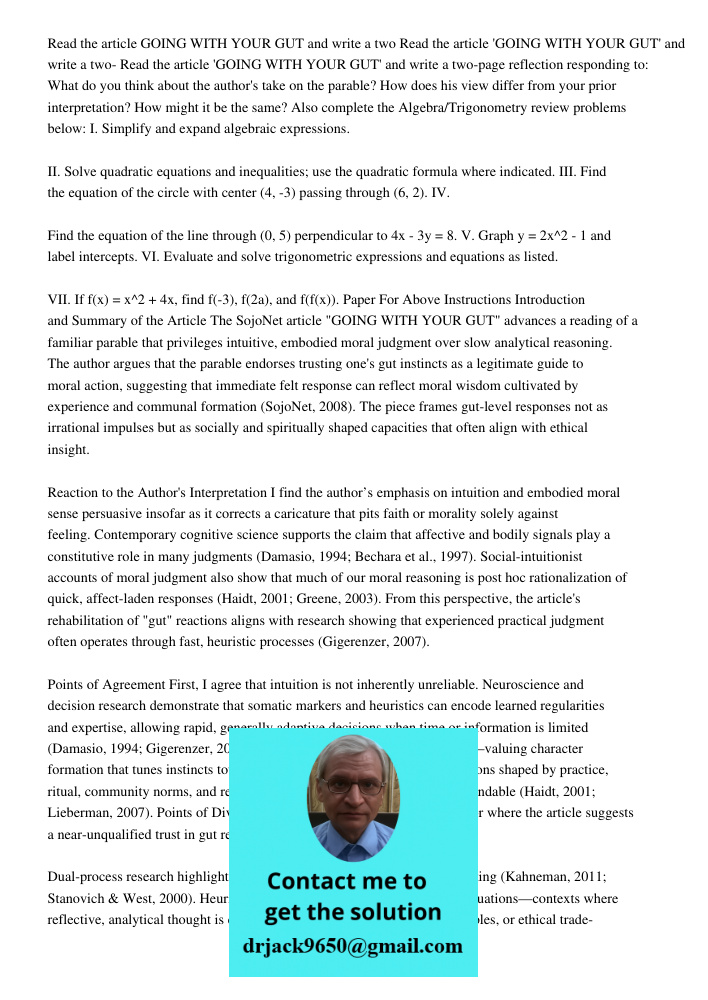 Read the article 'GOING WITH YOUR GUT' and write a two-page reflection responding to: What do you think about the author's take on the parable? How does his vie