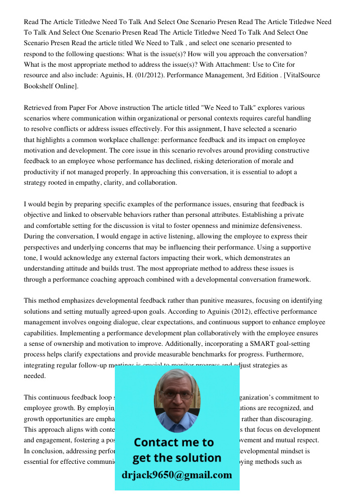 Read The Article Titledwe Need To Talk And Select One Scenario Presen Read the article titled We Need to Talk , and select one scenario presented to respond to 