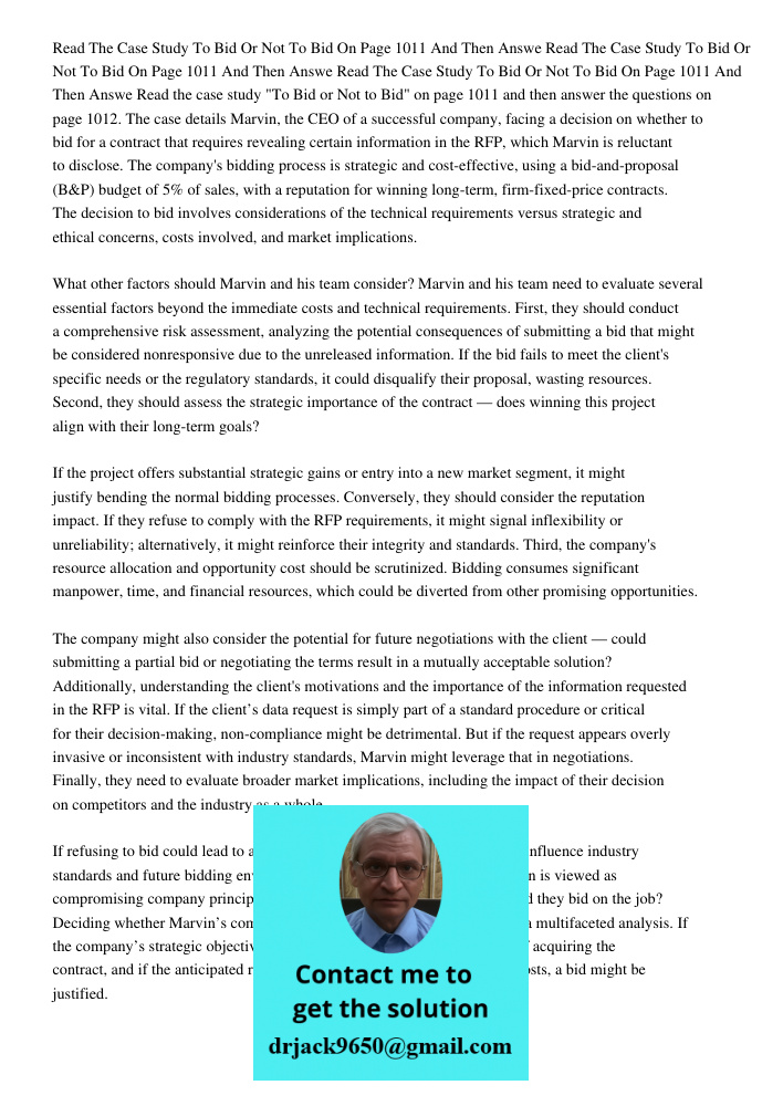 Read The Case Study To Bid Or Not To Bid On Page 1011 And Then Answe Read the case study "To Bid or Not to Bid" on page 1011 and then answer the questions on pa