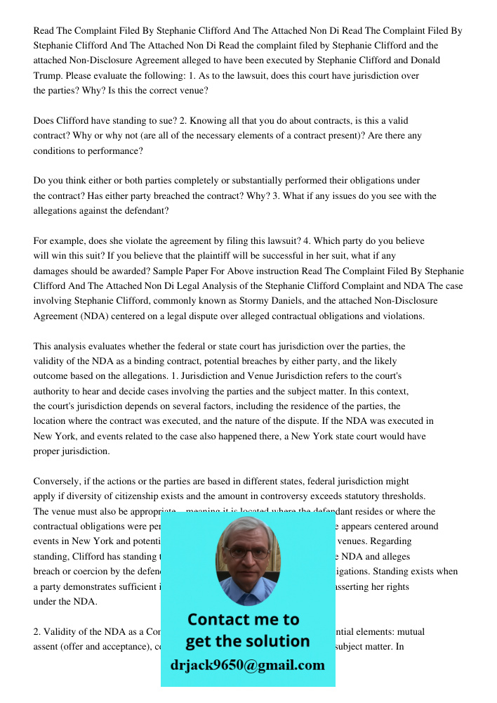 Read the complaint filed by Stephanie Clifford and the attached Non-Disclosure Agreement alleged to have been executed by Stephanie Clifford and Donald Trump. P