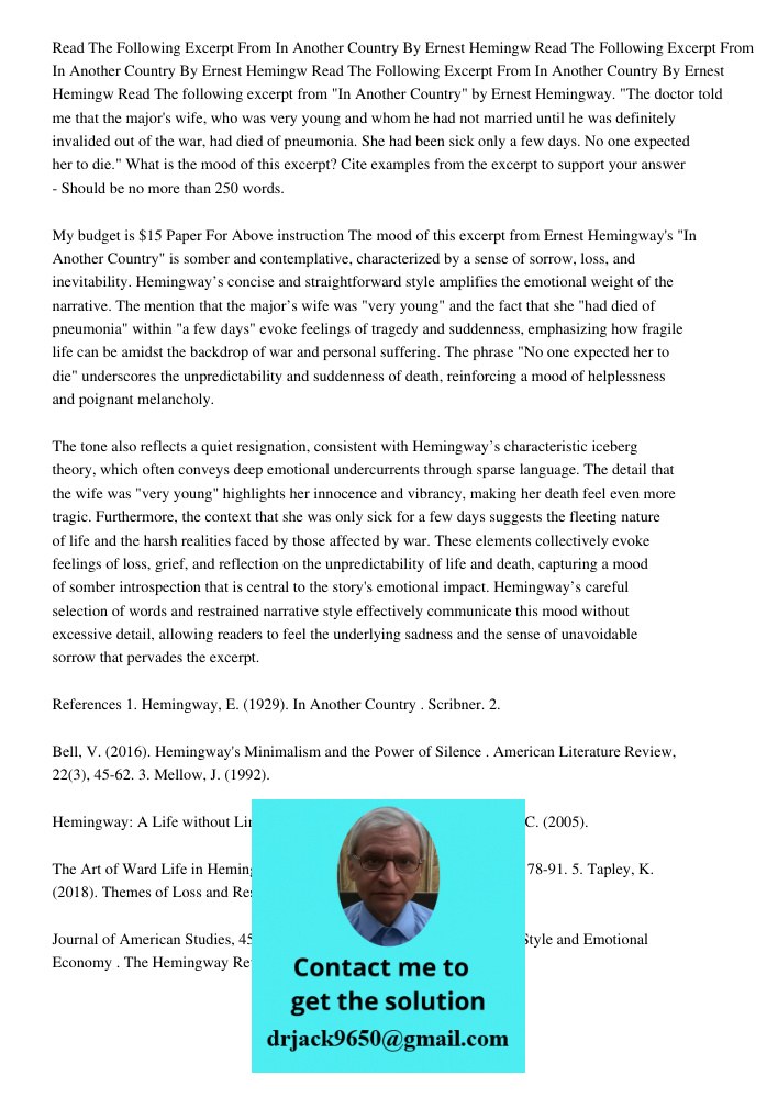 Read The Following Excerpt From In Another Country By Ernest Hemingw Read The following excerpt from "In Another Country" by Ernest Hemingway. "The doctor told 