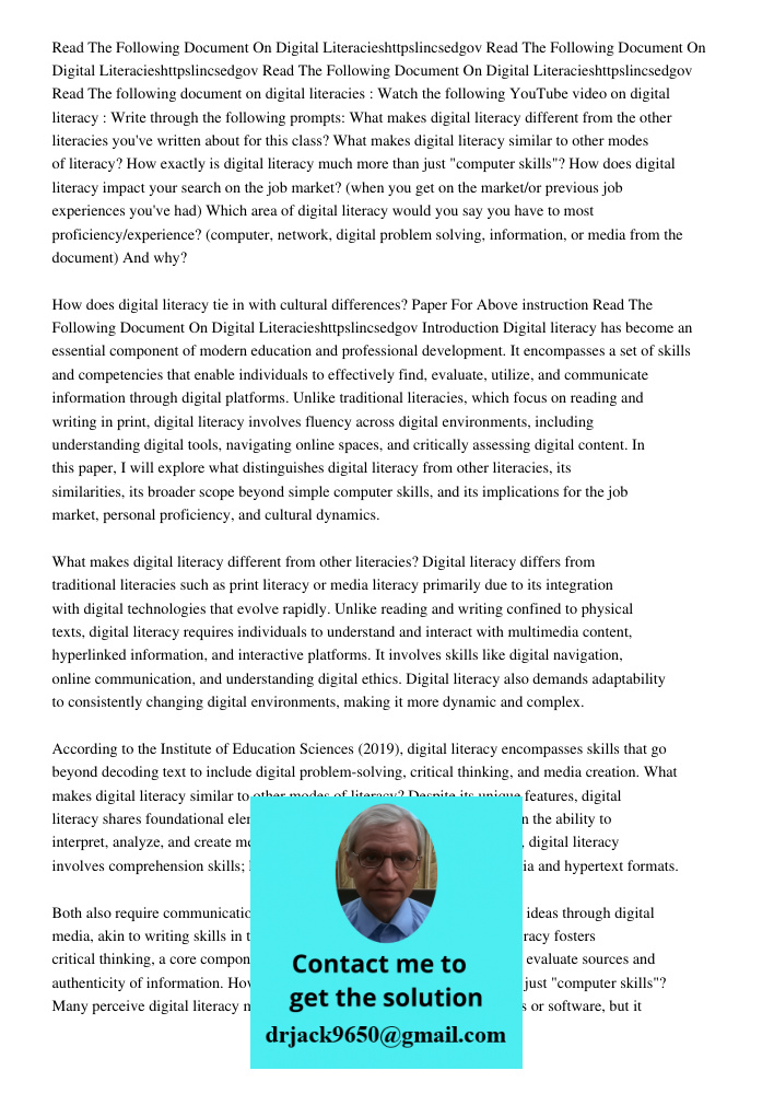 Read The Following Document On Digital Literacieshttpslincsedgov Read The following document on digital literacies : Watch the following YouTube video on digita