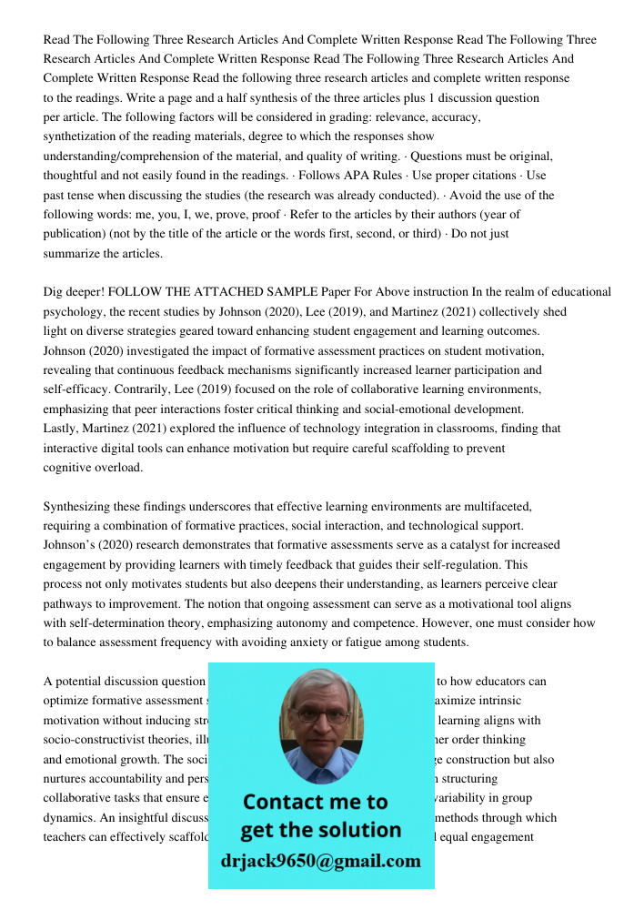 Read The Following Three Research Articles And Complete Written Response Read the following three research articles and complete written response to the reading