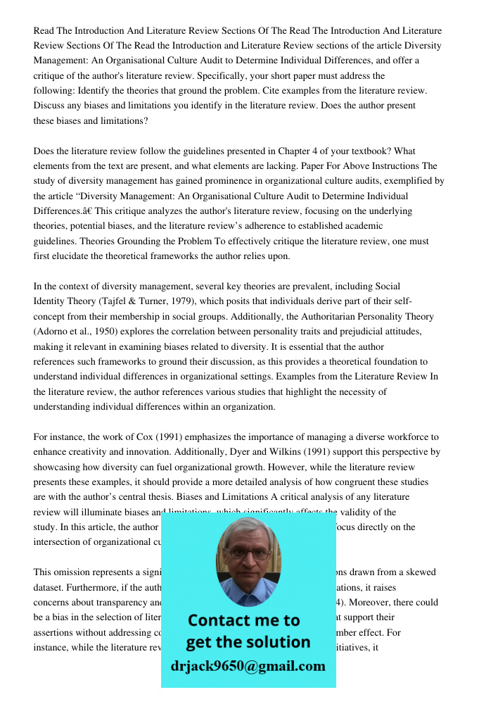 Read the Introduction and Literature Review sections of the article Diversity Management: An Organisational Culture Audit to Determine Individual Differences, a