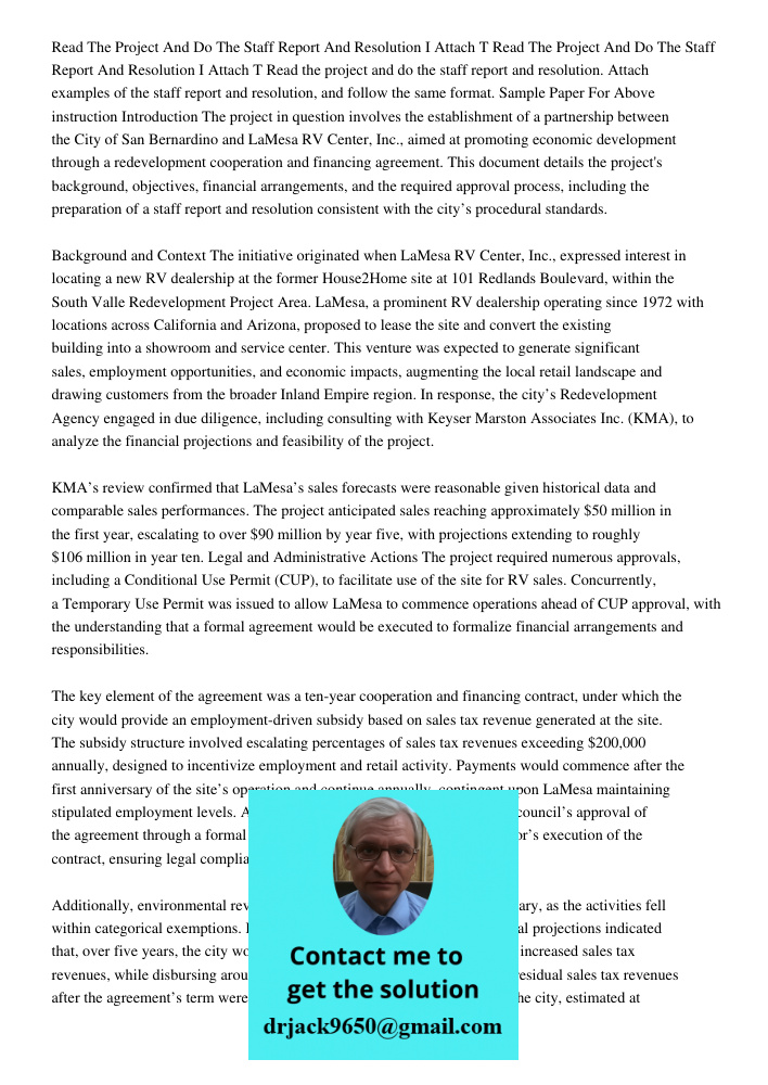 Read the project and do the staff report and resolution. Attach examples of the staff report and resolution, and follow the same format. Sample Paper For Above 