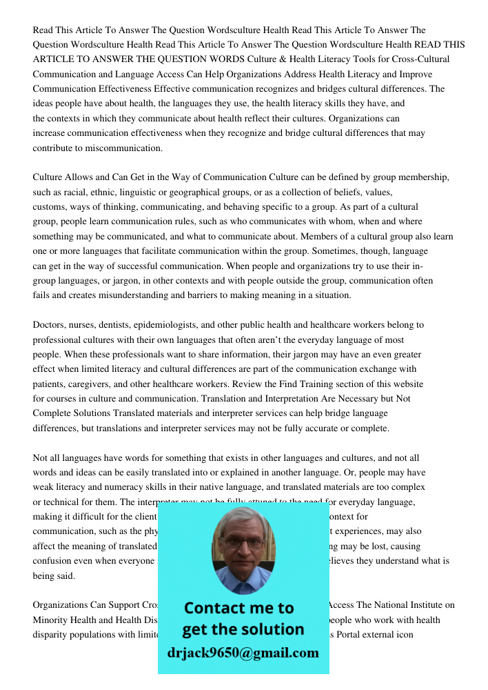 Read This Article To Answer The Question 175 265 Wordsculture Health READ THIS ARTICLE TO ANSWER THE QUESTION WORDS Culture & Health Literacy Tools for Cross-Cu
