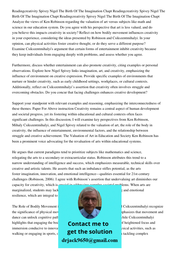 Readingcreativity Spivey Nigel The Birth Of The Imagination Chapt Analyze the views of Ken Robinson regarding the valuation of art versus subjects like math and