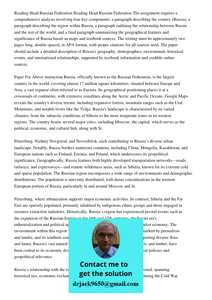 The assignment requires a comprehensive analysis involving four key components: a paragraph describing the country (Russia), a paragraph describing the region w