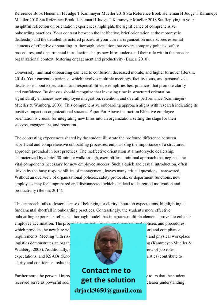 Reference Book Heneman H Judge T Kammeyer Mueller 2018 Sta Replying to your insightful reflection on orientation experiences highlights the significance of comp