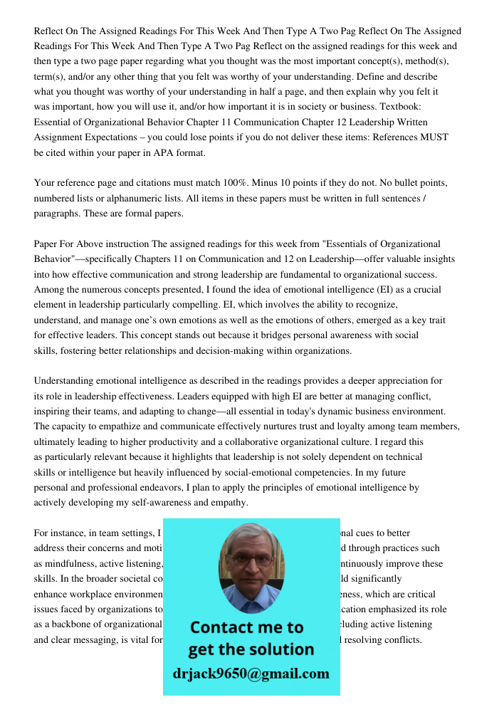 Reflect on the assigned readings for this week and then type a two page paper regarding what you thought was the most important concept(s), method(s), term(s), 