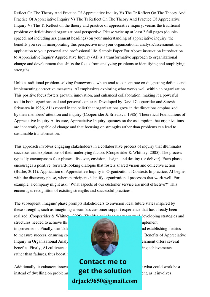 Reflect On The Theory And Practice Of Appreciative Inquiry Vs The Tr Reflect on the theory and practice of appreciative inquiry, versus the traditional problem 