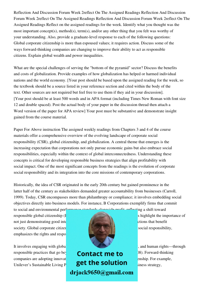 Reflection And Discussion Forum Week 2reflect On The Assigned Readings Reflect on the assigned readings for the week. Identify what you thought was the most imp