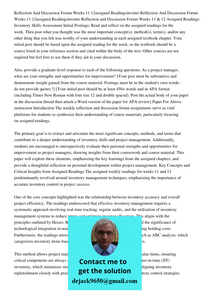Reflection and Discussion Forum Weeks 11 & 12 Assigned Readings: Inventory Skills Assessment Initial Postings: Read and reflect on the assigned readings for the