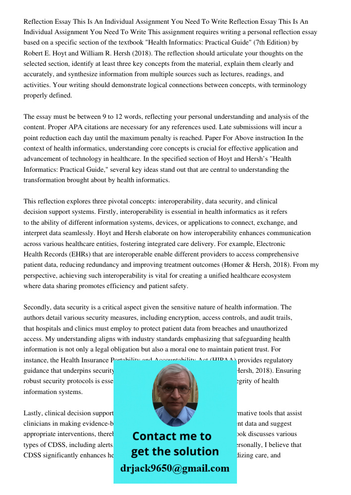 This assignment requires writing a personal reflection essay based on a specific section of the textbook "Health Informatics: Practical Guide" (7th Edition) by 