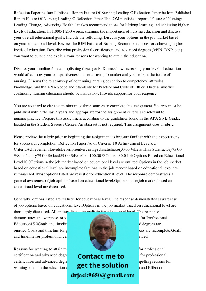 Refection Paper The IOM published report, "Future of Nursing: Leading Change, Advancing Health," makes recommendations for lifelong learning and achieving highe