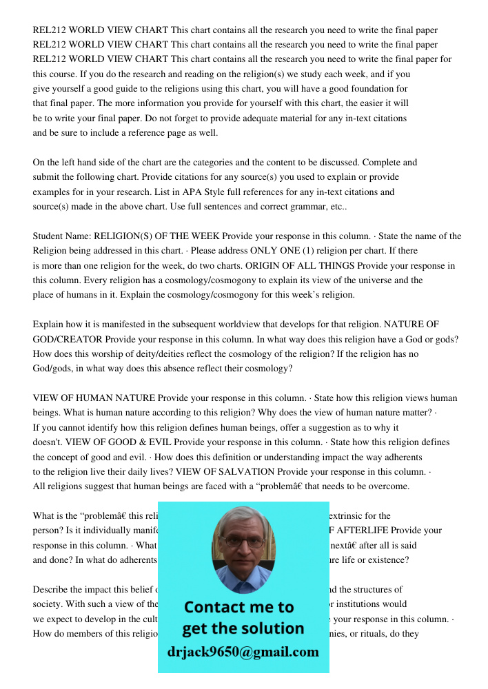 REL212 WORLD VIEW CHART This chart contains all the research you need to write the final paper for this course. If you do the research and reading on the religi