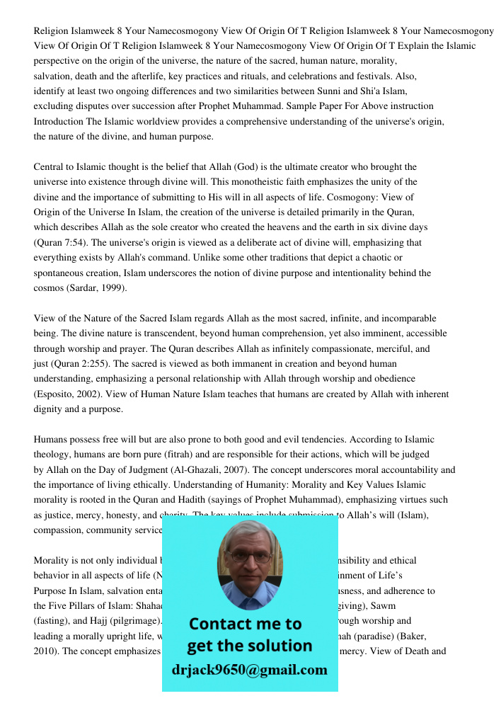 Religion Islamweek 8 Your Namecosmogony View Of Origin Of T Explain the Islamic perspective on the origin of the universe, the nature of the sacred, human natur