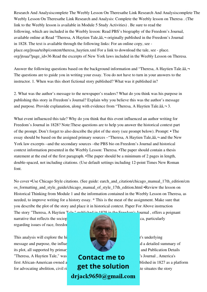 Research and Analysis: Complete the Weebly lesson on Theresa . (The link to the Weebly lesson is available in Module 5 Study Activities) . Be sure to read the f