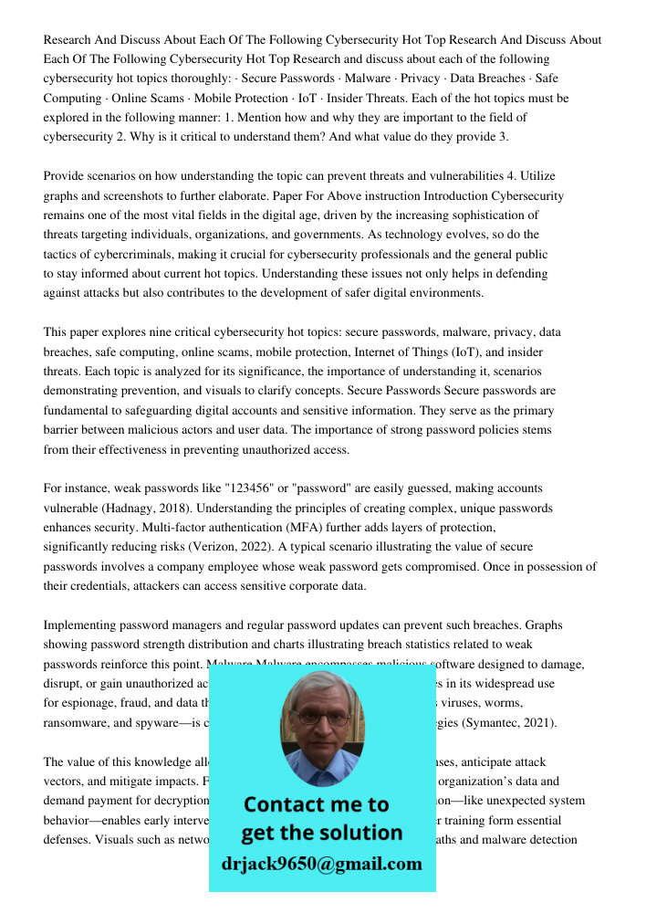 Research and discuss about each of the following cybersecurity hot topics thoroughly: · Secure Passwords · Malware · Privacy · Data Breaches · Safe Computing · 
